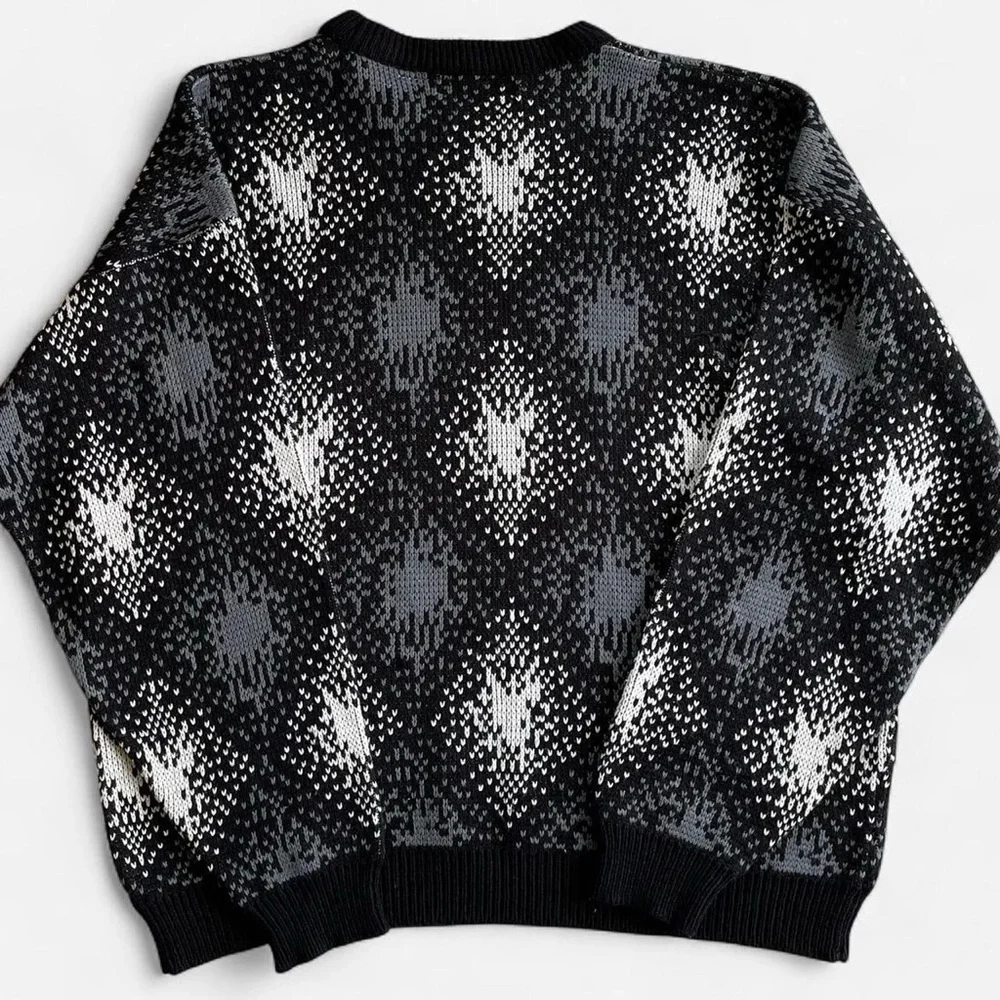 Vintage Banner Black Grey White Acrylic Knit Diamond Geometric Crewneck Sweater